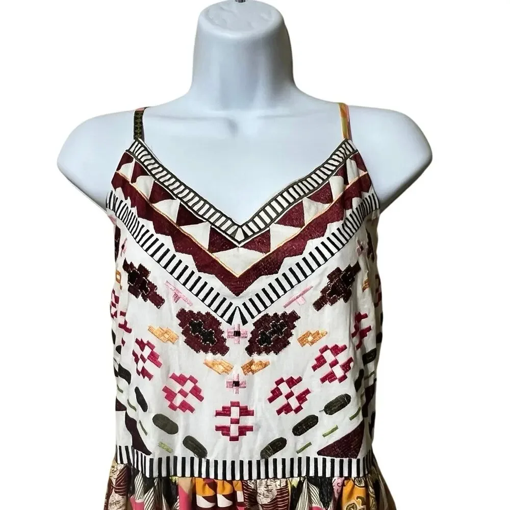 Boho Embroidered Smocked Maxi Dress Women's M Festival Geometric Hippie Resort - Picture 3 of 8